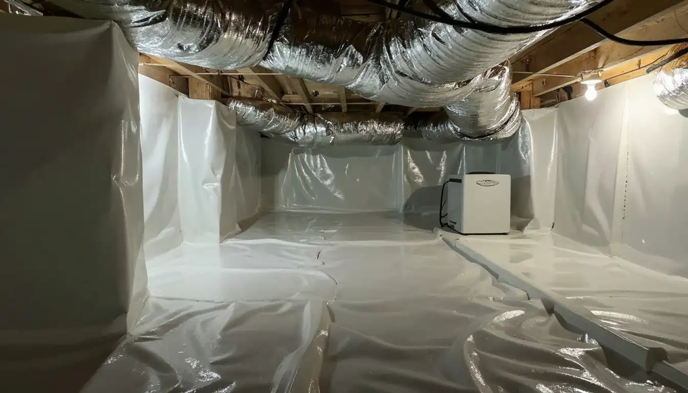 Completed professional crawlspace encapsulation system with sealed vapor barrier, insulated walls, and dehumidifier — the finished investment that protects your home