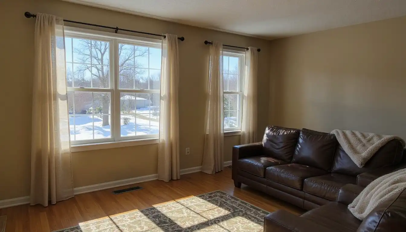 Warm comfortable Midwest home interior in winter with golden light — the result of a properly sealed and conditioned crawlspace