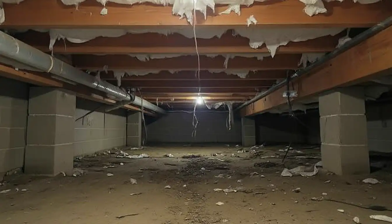 Moisture-damaged crawlspace showing standing water on the ground and saturated fiberglass insulation sagging from floor joists — common signs that the crawlspace is affecting the home above