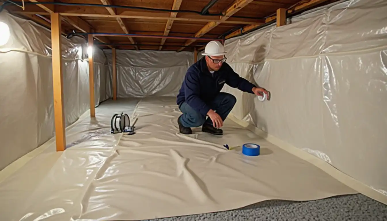 Professional crawlspace encapsulation installation in progress with white vapor barrier being rolled out and secured — the research-backed solution for moisture control