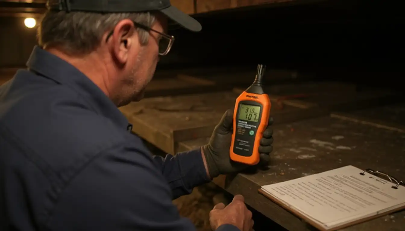 Building science professional using pin-type moisture meter on crawlspace floor joist — the diagnostic assessment that identifies wood decay risk