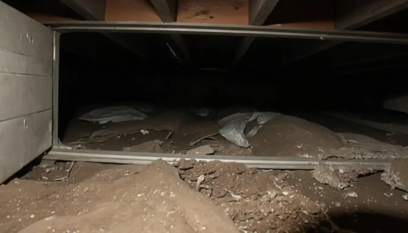 View into a dark crawlspace through the access opening — the hidden space beneath your home that affects every room above it