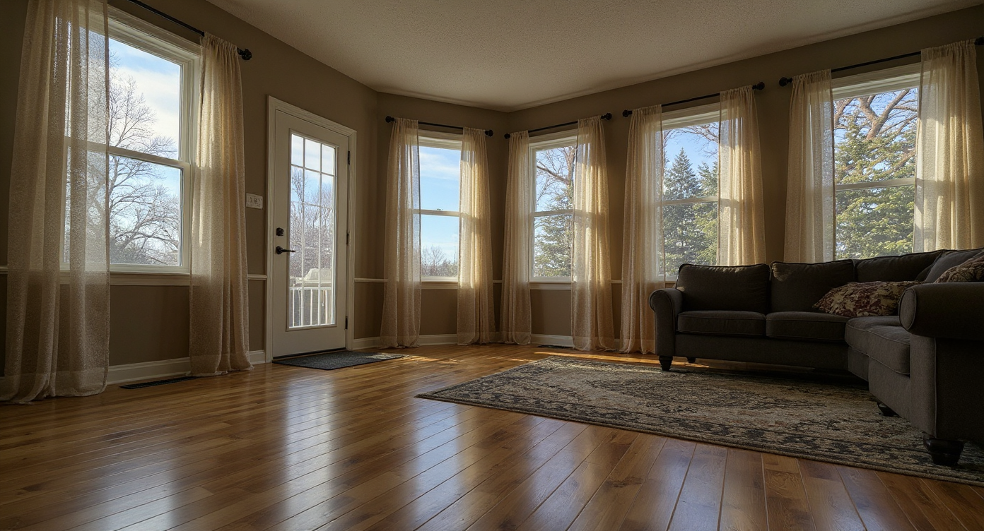 Warm Midwest living room interior with winter light streaming through windows onto hardwood floors — the comfort that proper crawlspace energy management delivers