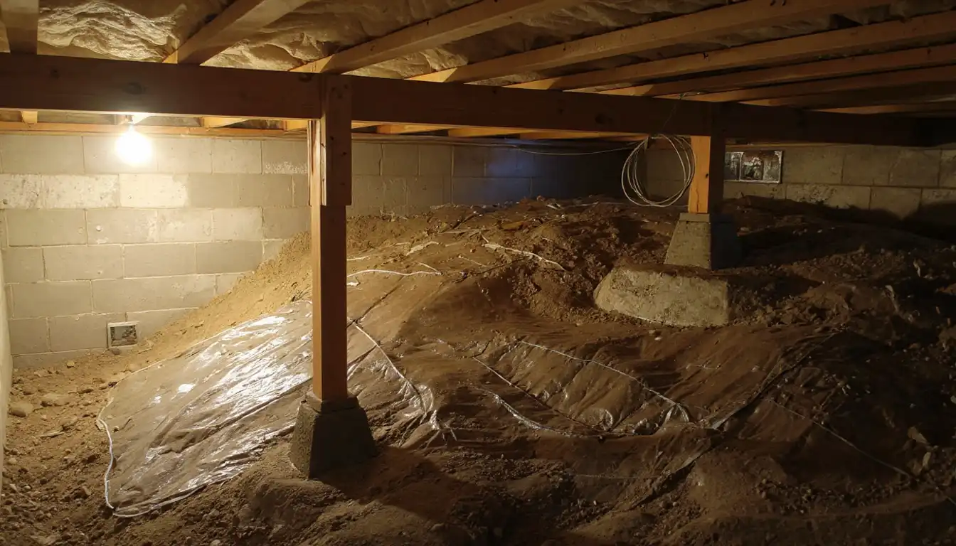Basic vapor barrier loosely covering a crawlspace floor with unsealed edges — a single-pathway moisture approach