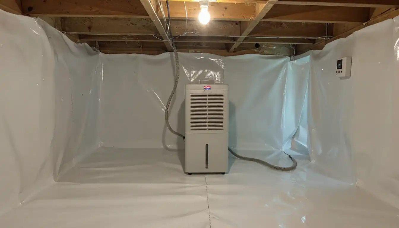 Commercial-grade crawlspace dehumidifier installed on sealed vapor barrier with condensate drain line — active humidity control maintaining conditions below 60 percent
