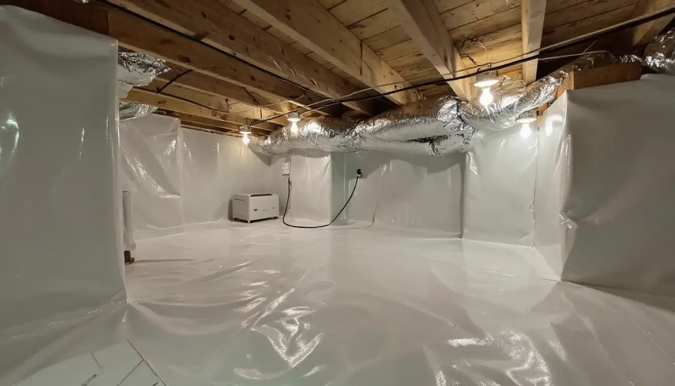 Fully encapsulated crawlspace with sealed vapor barrier, insulated walls, and dehumidifier — all five moisture pathways controlled