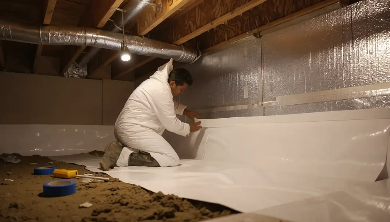 Professional installer securing reinforced white vapor barrier to crawlspace foundation wall during encapsulation — the first step in creating a sealed conditioned crawlspace