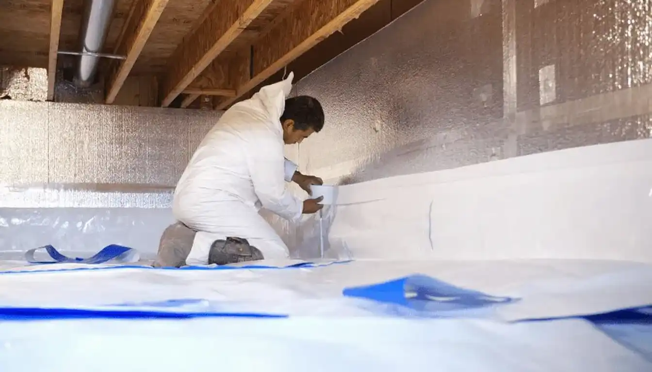 Rigid foam insulation board installed against crawlspace foundation wall — the thermal boundary that prevents heat loss through crawlspace walls