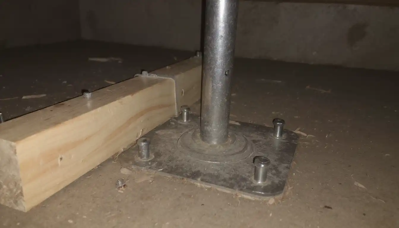 Fresh lumber sistered alongside a damaged floor joist with structural lag bolts and adjustable support jack — professional crawlspace structural repair