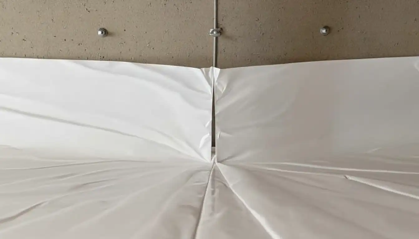 Close-up of reinforced polyethylene vapor barrier seam overlap with tape during crawlspace installation — proper edge termination prevents ground moisture bypass