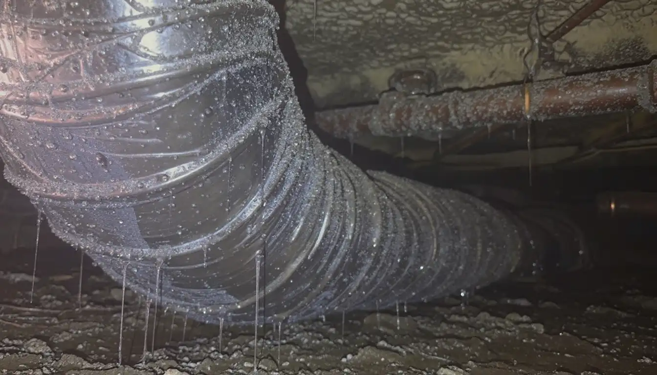 Heavy condensation dripping from cold HVAC ductwork in a crawlspace — the visible moisture cycle when warm humid air contacts metal surfaces below dew point