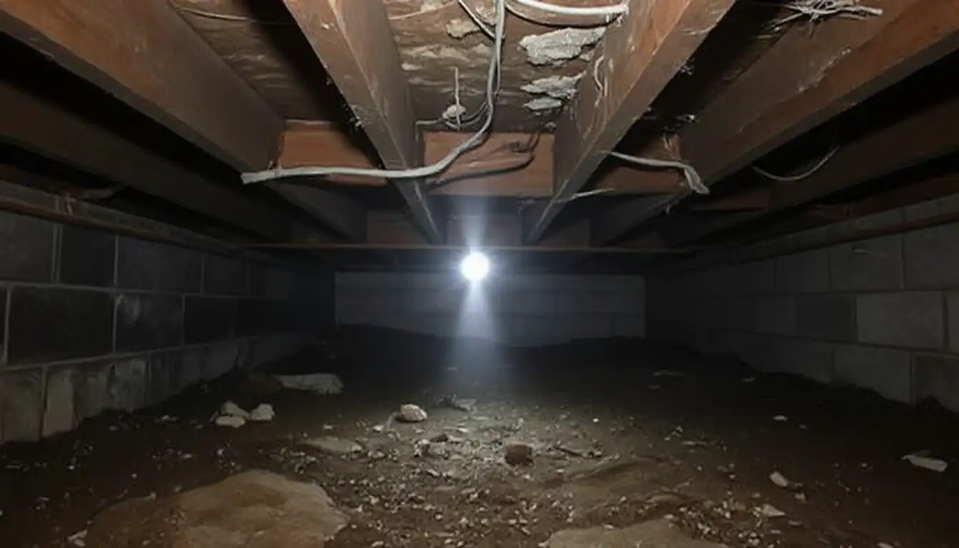 Looking upward at floor joists and subfloor from inside a crawlspace showing gaps where air infiltrates into the living space above via the stack effect