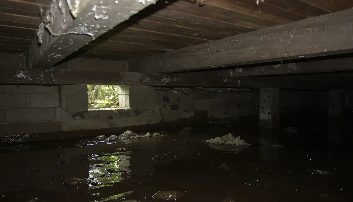 Vented crawlspace with open foundation vent letting in humid outdoor air, standing moisture on dirt floor, and sagging insulation — 77 percent average humidity