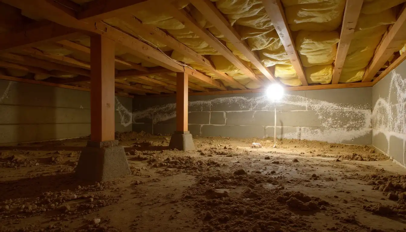 Crawlspace showing fiberglass insulation sagging away from floor joist bays — the R-value failure that causes cold floors in the home above