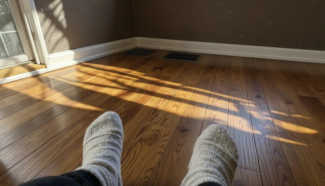 Feet in warm wool socks on cold hardwood floor in winter morning light — the persistent cold floor symptom caused by crawlspace air infiltration