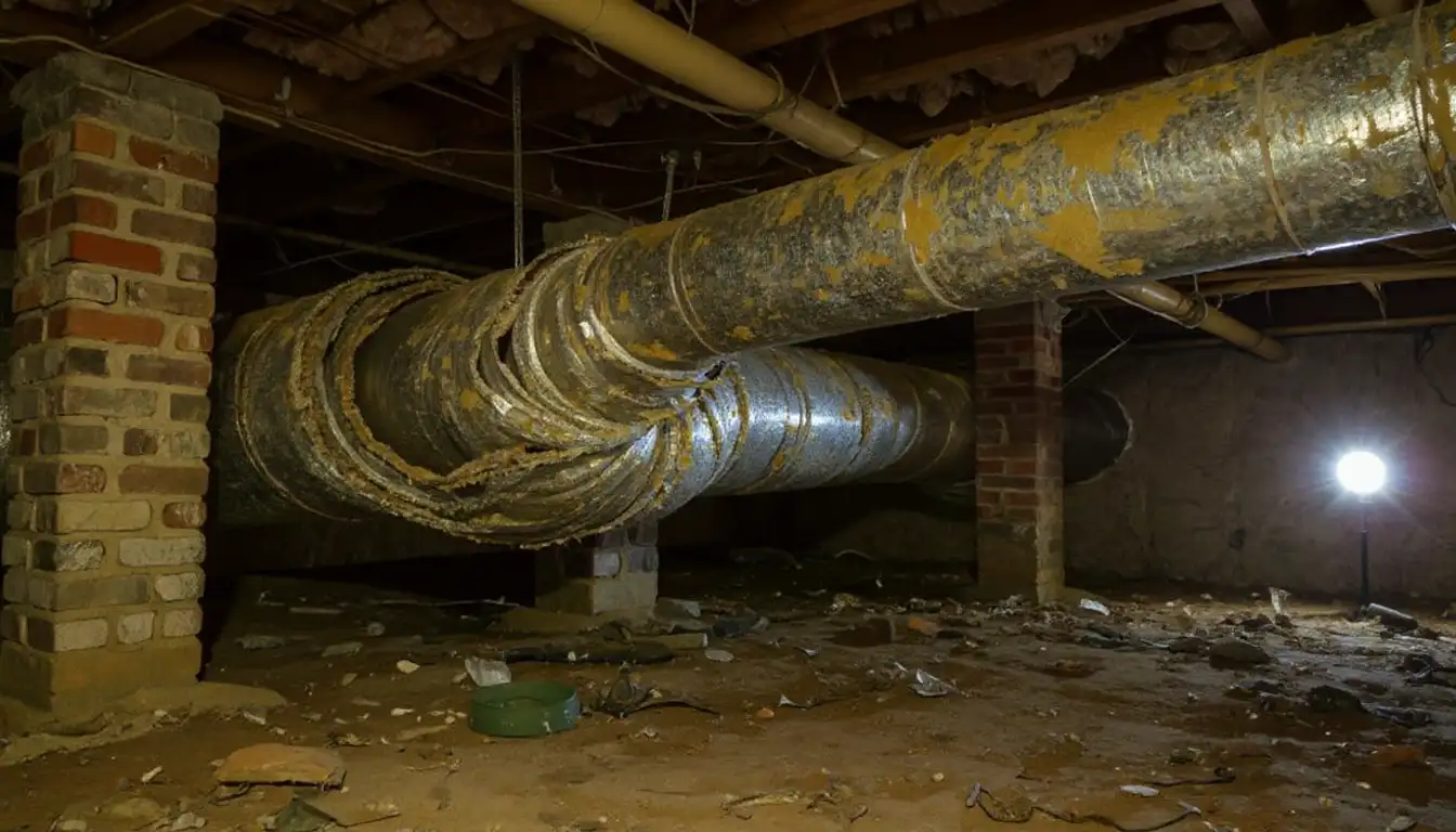 Damaged disconnected HVAC ductwork in a crawlspace with torn insulation — where 25-40 percent of conditioned air escapes before reaching living spaces