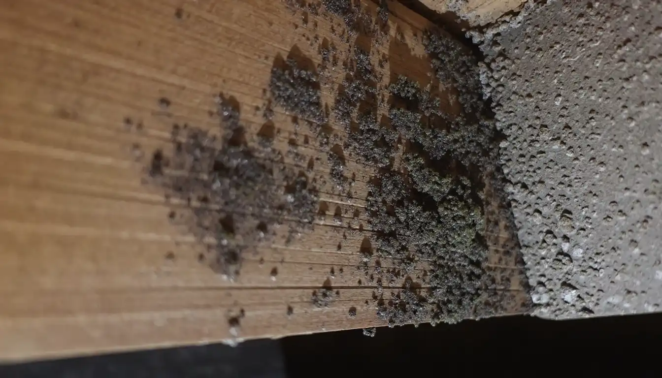 Close-up of black mold colonization on a crawlspace sill plate at the wood-to-concrete junction — where moisture concentrates and mold establishes first