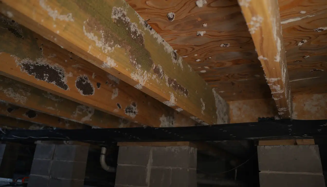 Active mold colonies on crawlspace floor joists and subfloor sheathing — colonization that develops within weeks when humidity exceeds 60 percent