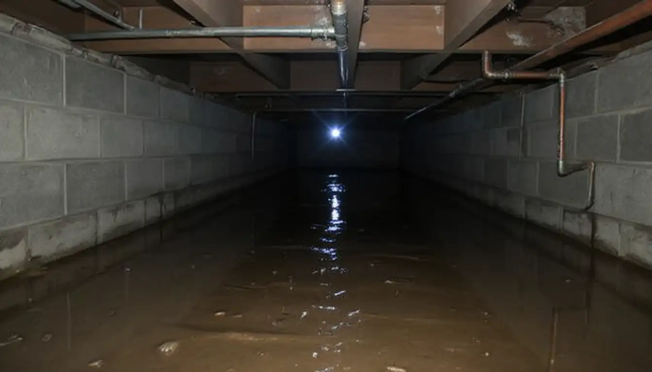 Dark damp crawlspace with standing moisture and sagging insulation — the biological conditions that produce musty MVOC odors carried upward by the stack effect