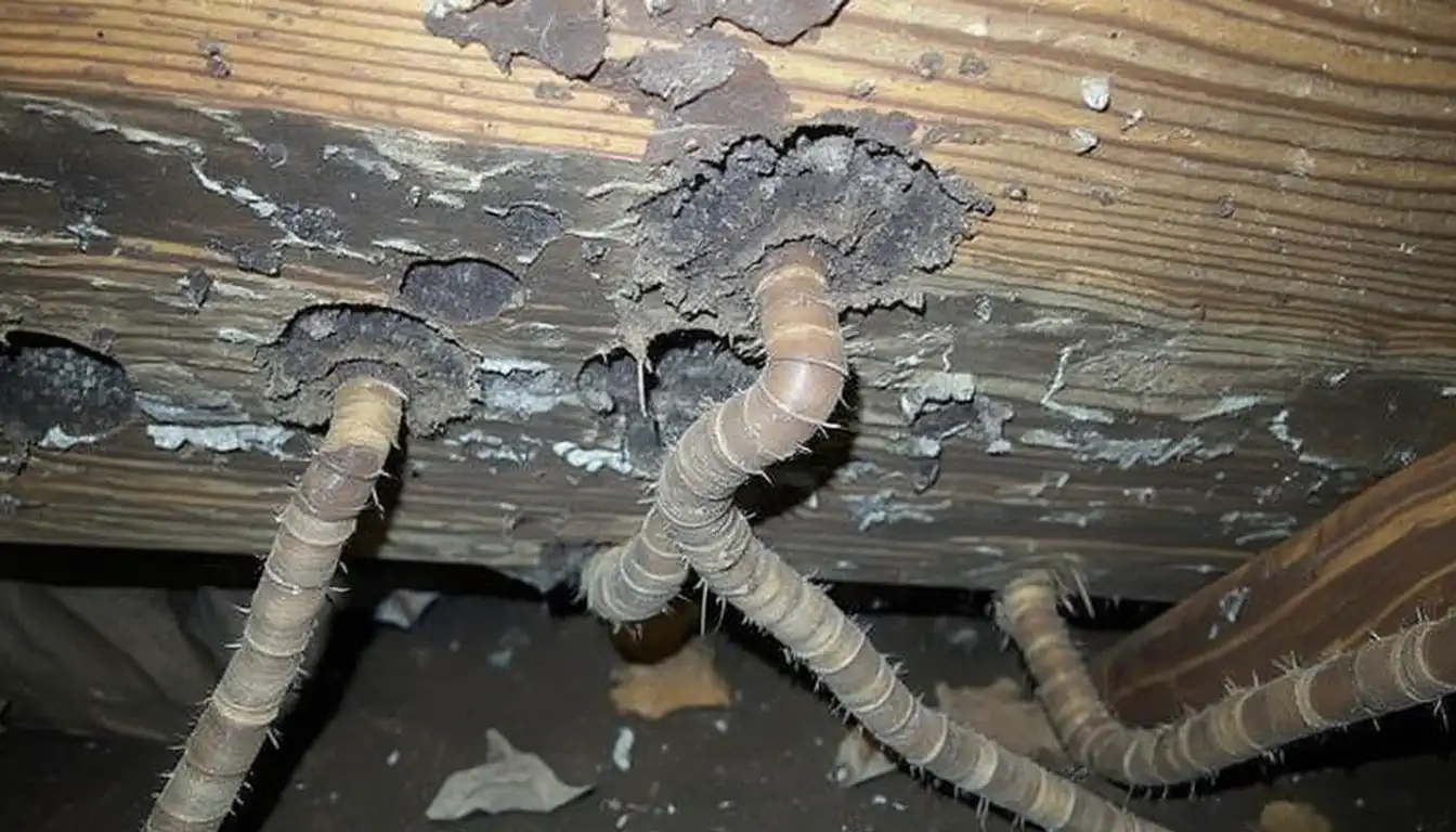 Termite mud shelter tubes and wood bore damage on crawlspace structural members — the pest activity that moisture conditions attract and sustain