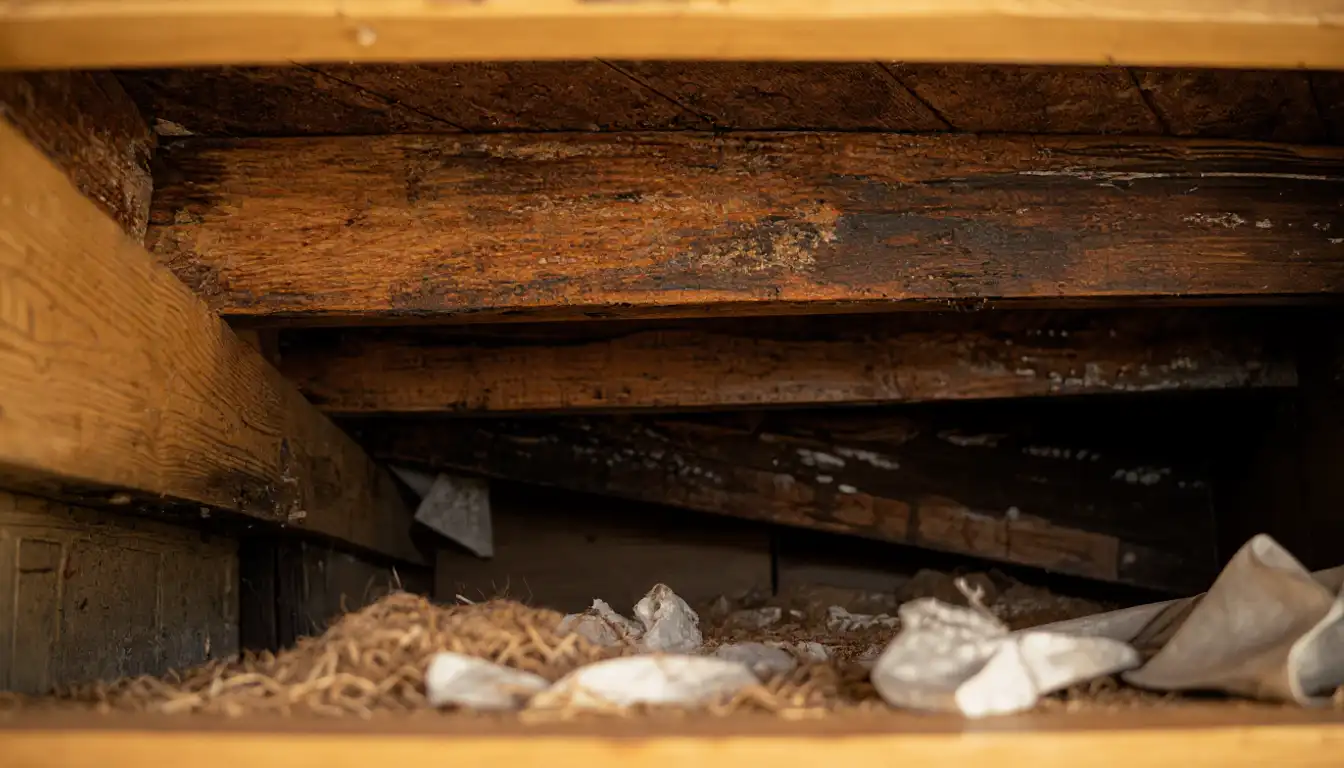 Moisture-damaged floor joist showing advanced wood rot and structural deflection — the crawlspace damage that causes bouncy sagging floors above